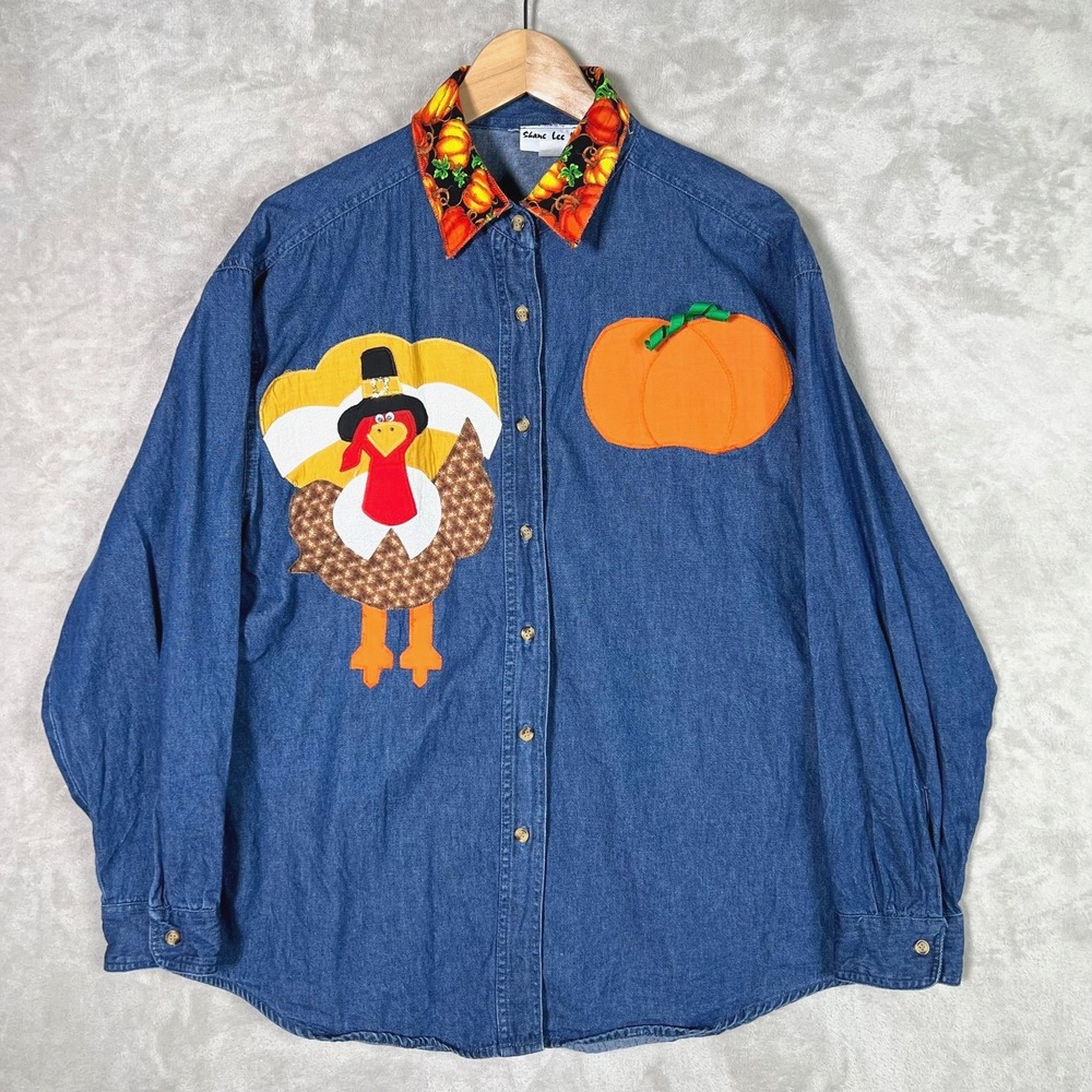 Vintage Chambray Shirt Women's XL Fall Pumpkins Turkey Applique Shane Lee Inc